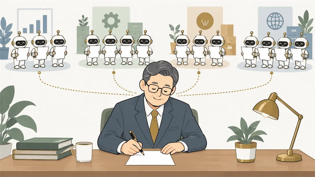 社長が書いた1枚の「憲法」を、部署ごとに並んだAI社員全員が読んでから仕事を始める様子