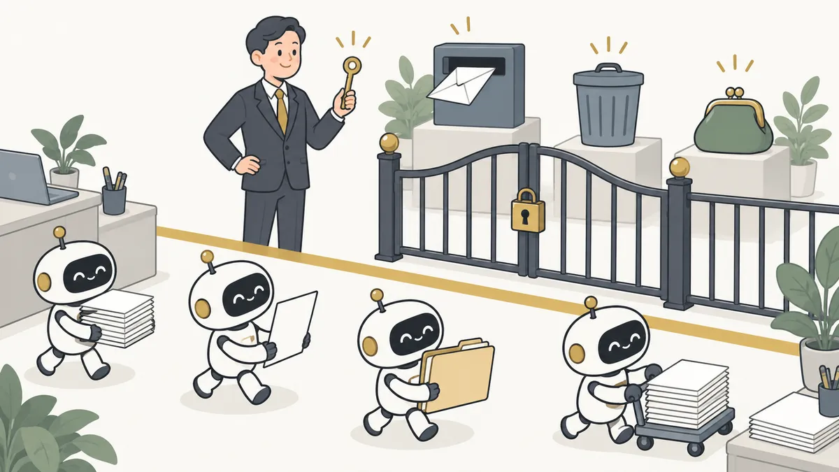 床に引いた1本の線の手前ではAIが自由に動き、線の向こうの送信・削除・支払いは社長の鍵でしか開かない様子