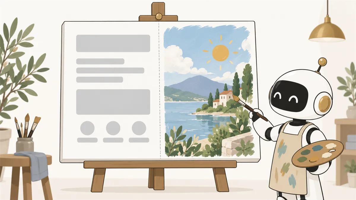 絵はAIが描き、文字の場所はあらかじめ決めた型で受け持って、1枚の見出し画像にする様子