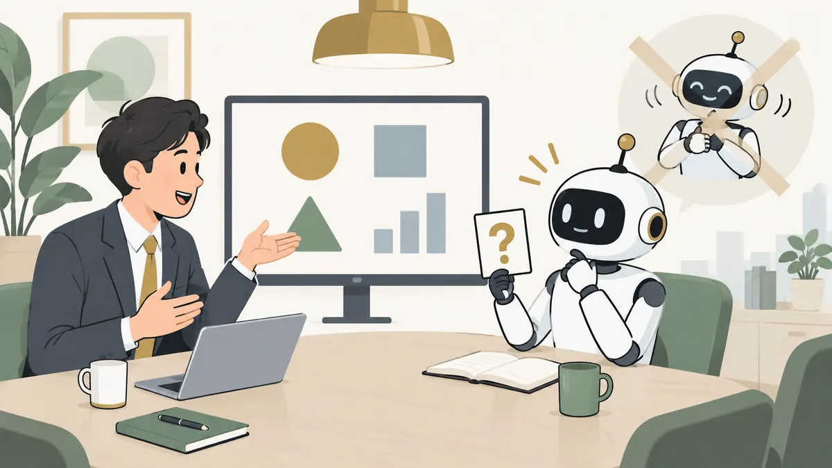 社長の提案に、AIが疑問の札を挙げて聞き返している会議の様子
