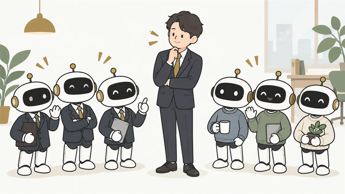 スーツにネクタイの社員と、ネクタイなしのカジュアルな社員が2つのグループに分かれて並んでいる様子