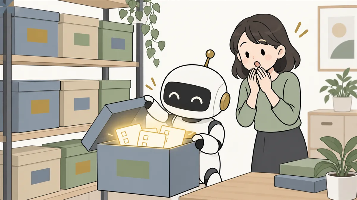 閉じた箱のひとつを開けると、終わっていない作業の札が中に残っていた様子