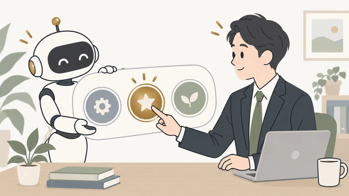 AIが大きな選択肢のボタンを差し出し、おすすめの1つに印が付いていて、社長がそれを押している様子