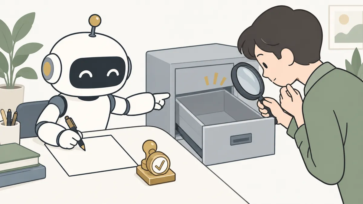 空っぽの引き出しを指さしながら報告書を書くAIと、虫めがねで引き出しを確かめる人