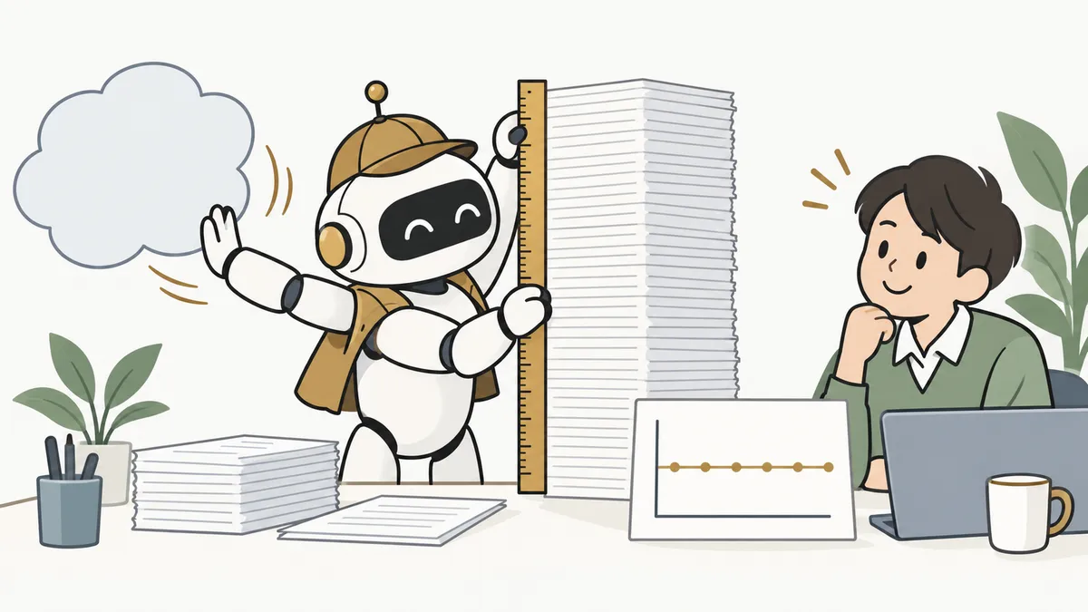 大きな推測の吹き出しを脇に置き、ロボットが記録の束を定規で測っている様子