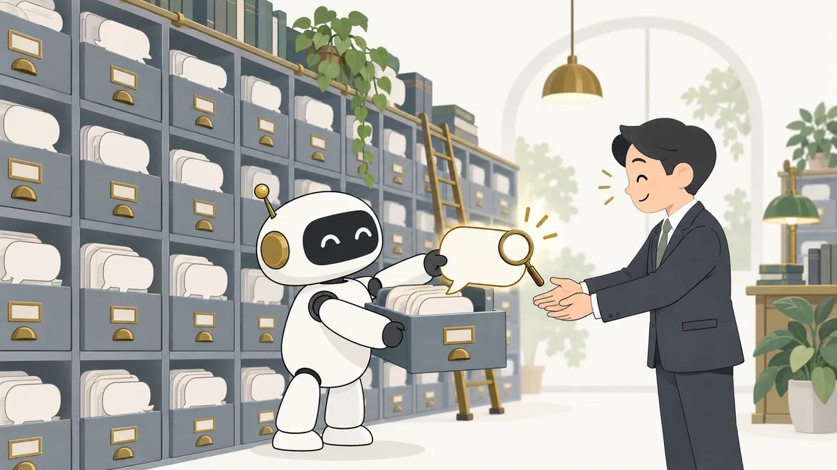 会話の吹き出しが引き出しにたくさん収まった書庫から、AIが1つを探し出して社長に手渡している様子
