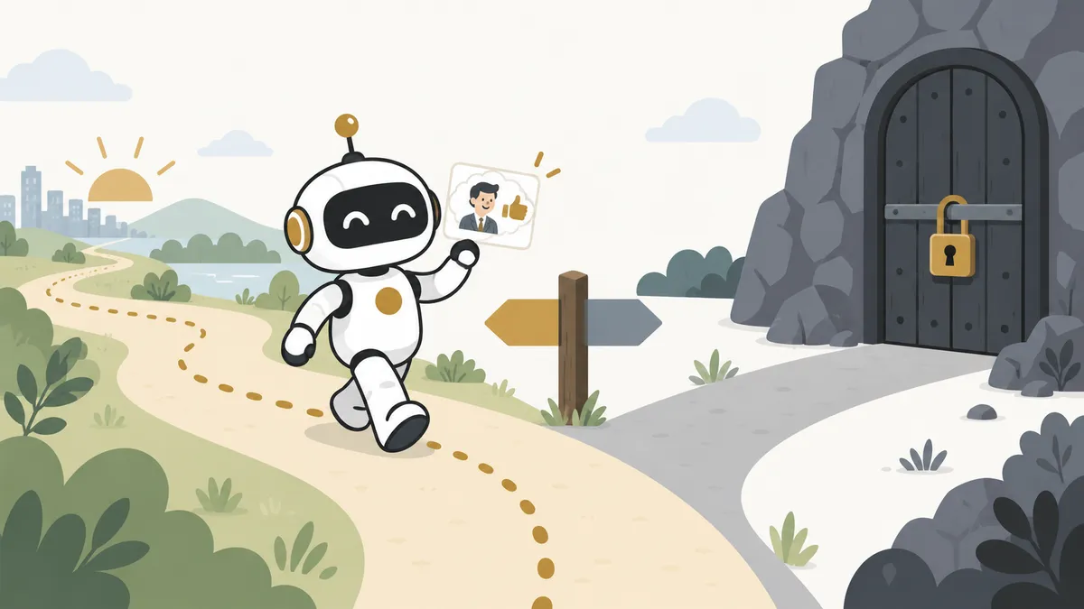 分かれ道で、社長の「たぶんOK」を予想したロボットが、引き返せる道を先に進んでいる様子