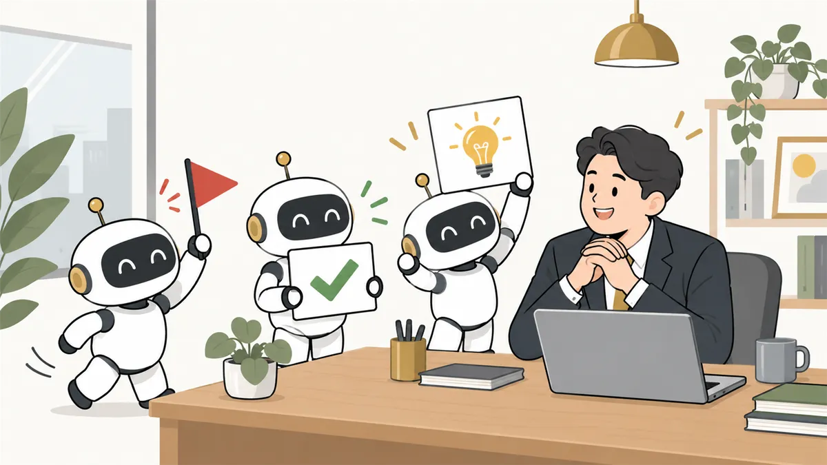 赤い旗を振るロボット、直ったことを伝えるロボット、ひらめきのカードを持ってくるロボットが、社長の机に集まっている様子