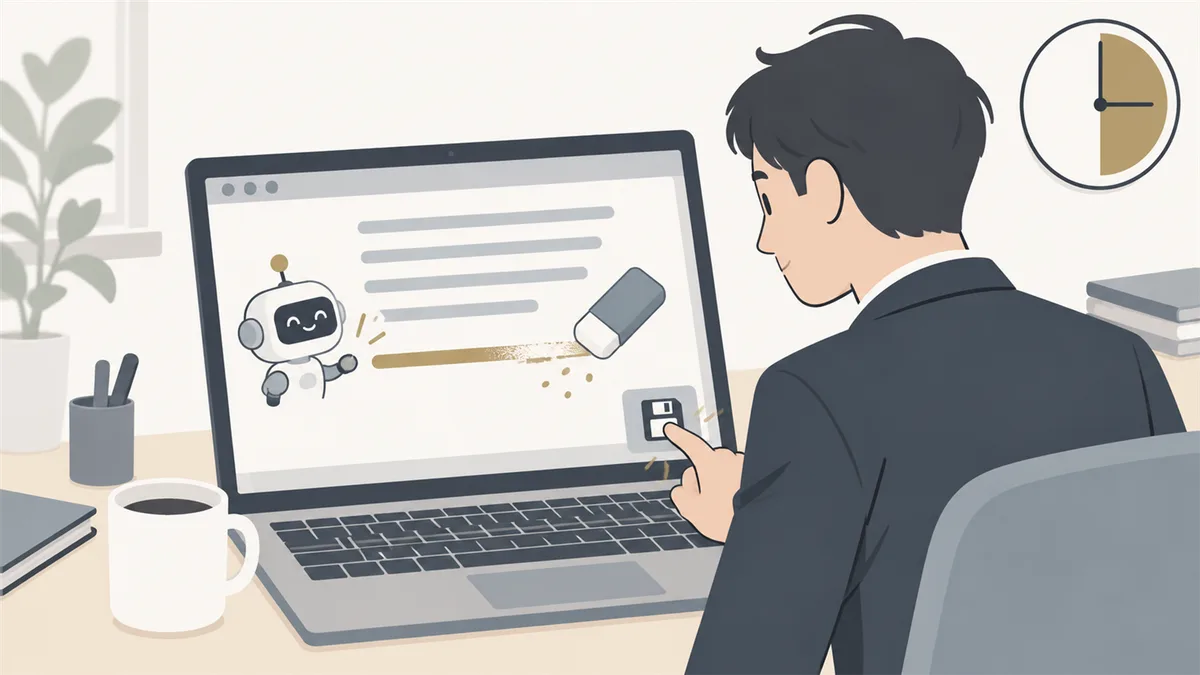人が開きっぱなしにしていた古いメモ帳で保存すると、その間にロボットが書き足した1行が消しゴムで消えていく様子