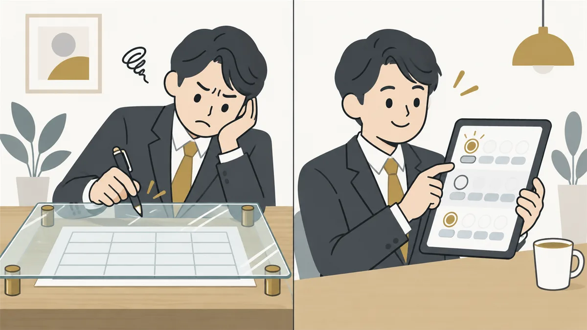 書き込めない表の絵の回答用紙と、候補のボタンを押すだけで答えられる回答用紙を見比べている社長