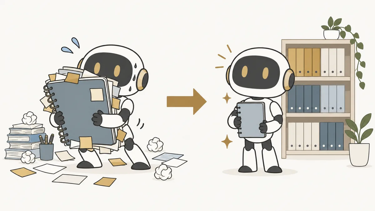 分厚く膨らんだ手帳と、薄い手帳＋本棚に分けて並べたファイルを見比べるロボット