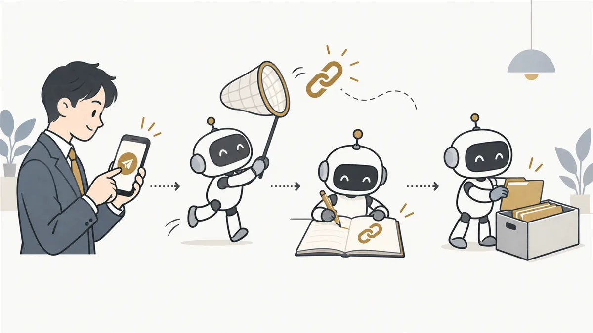 社長がスマホで投稿ボタンを押すと、ロボットが網で投稿先のURLを受け止めてノートに書き込み、そのあとで箱にしまっている様子