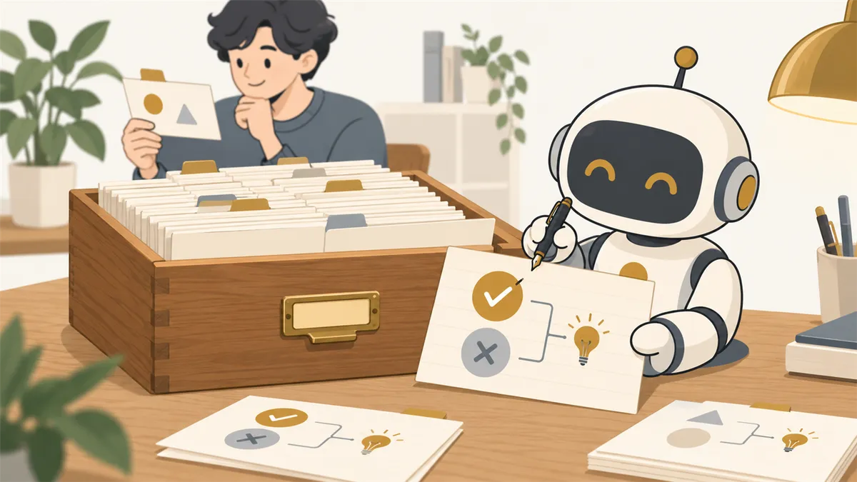 小さなロボットの記録係が、カードに「選んだ案」と「やめた案」の両方を書き込み、その横で社長が古いカードを落ち着いて読み返している様子